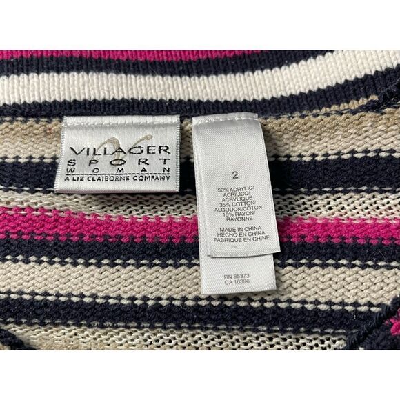VILLAGER Sport Woman V-Neck Crochet Detail Striped Pullover Sweater Size 2X - Picture 2 of 5